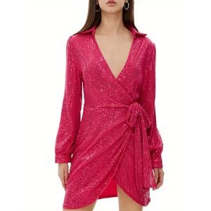 Miss avenue Short Sequins Dress Long Sleeve Lapel Deep V Neck Knotted Dress L